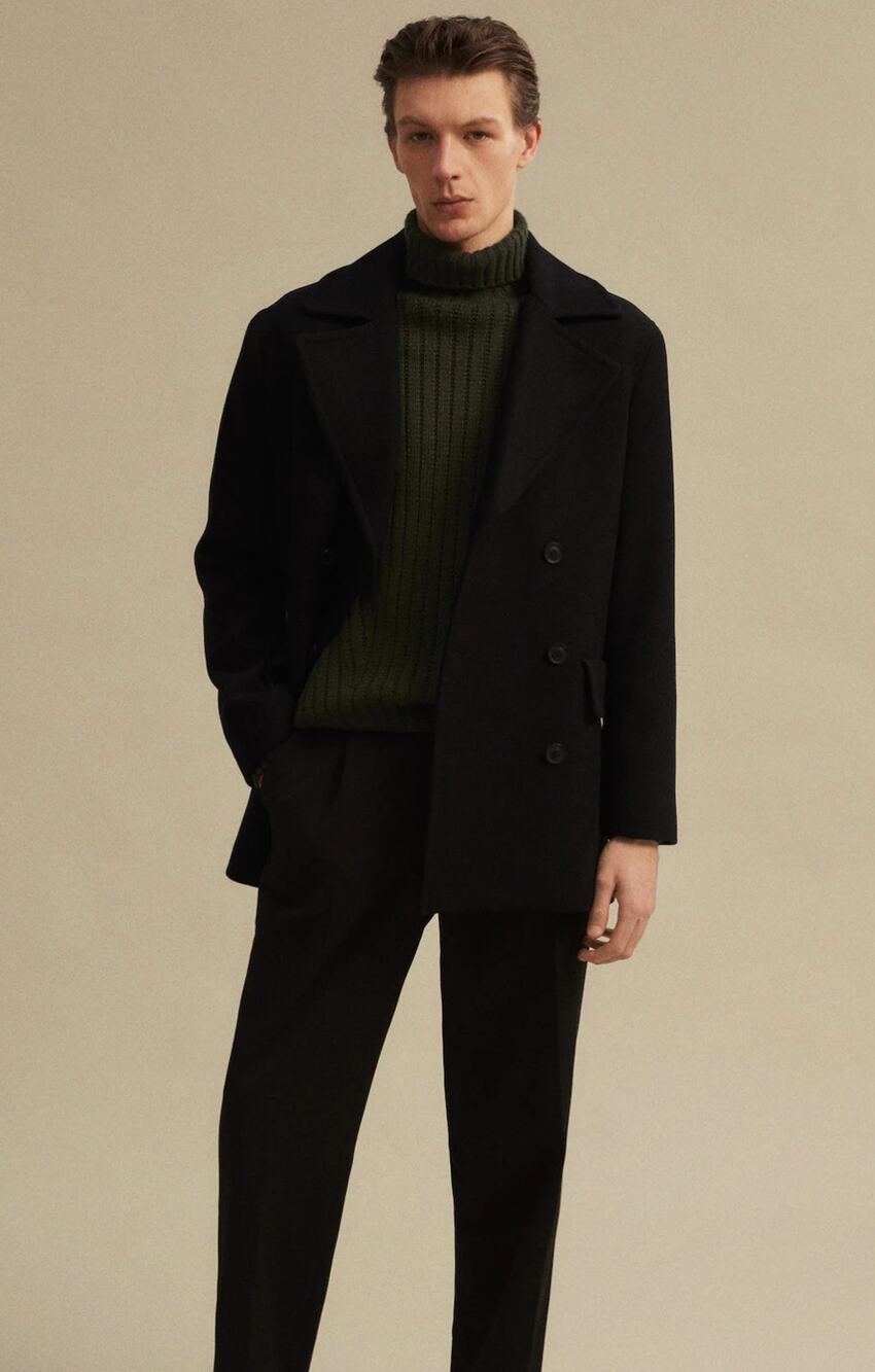 Mango MNG Man Recycled Wool Double Breasted Coat Size XL Black New Jacket